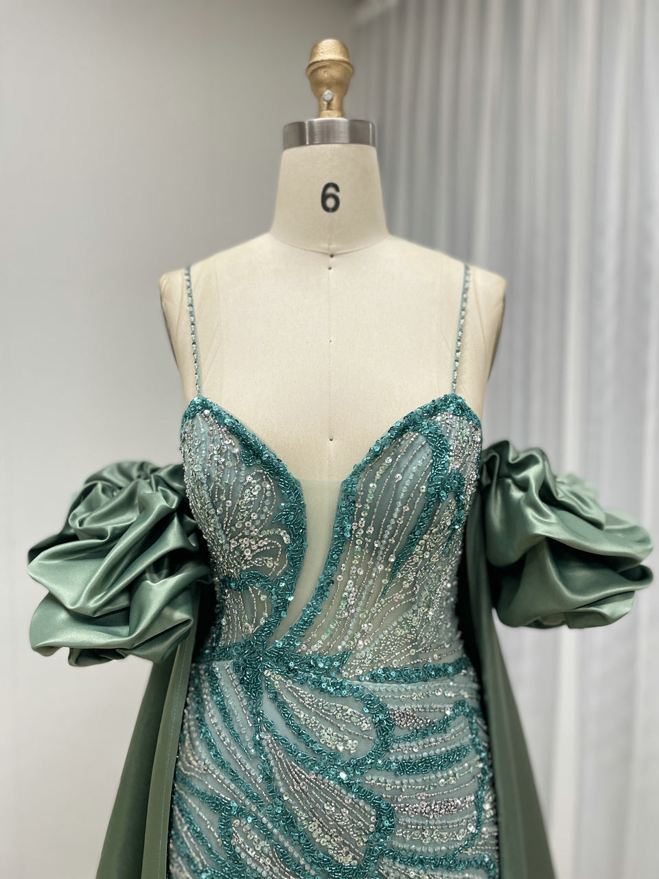 Luxury Green Handmade Mermaid Gown with Detachable Cape Puff Sleeves & Slit MC20117