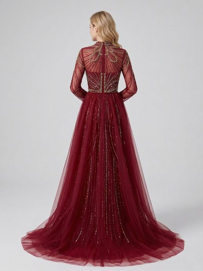 Elegant Wine Red Mermaid Long-Sleeve Formal Dress with High Slit and Train MC20118