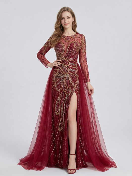 Elegant Wine Red Mermaid Long-Sleeve Formal Dress with High Slit and Train MC20118