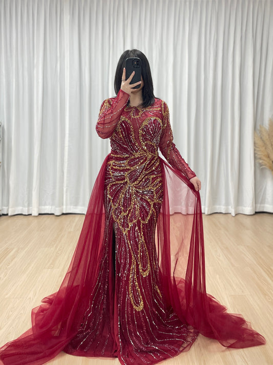 Elegant Wine Red Mermaid Long-Sleeve Formal Dress with High Slit and Train MC20118