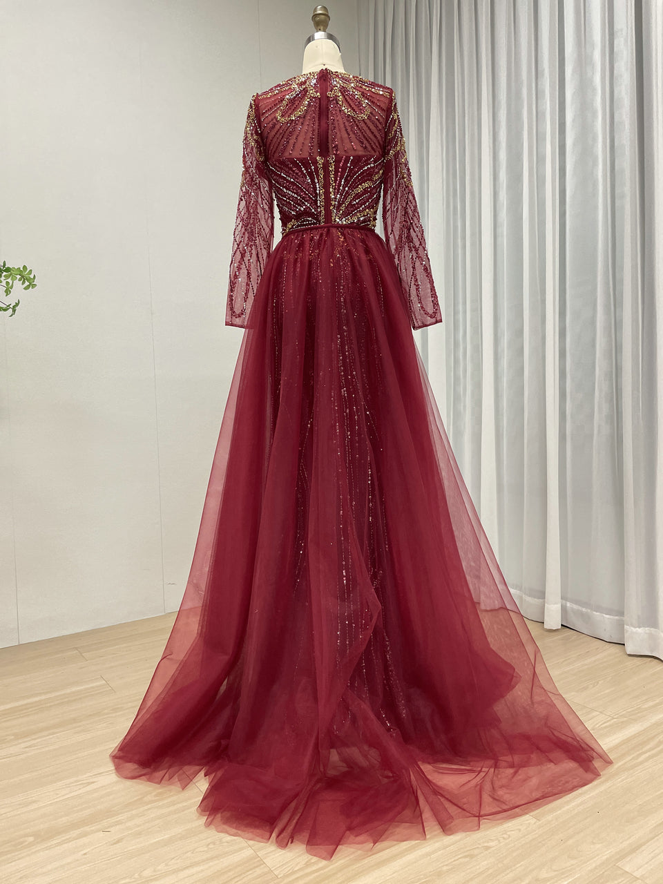 Elegant Wine Red Mermaid Long-Sleeve Formal Dress with High Slit and Train MC20118