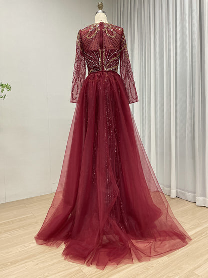 Elegant Wine Red Mermaid Long-Sleeve Formal Dress with High Slit and Train MC20118