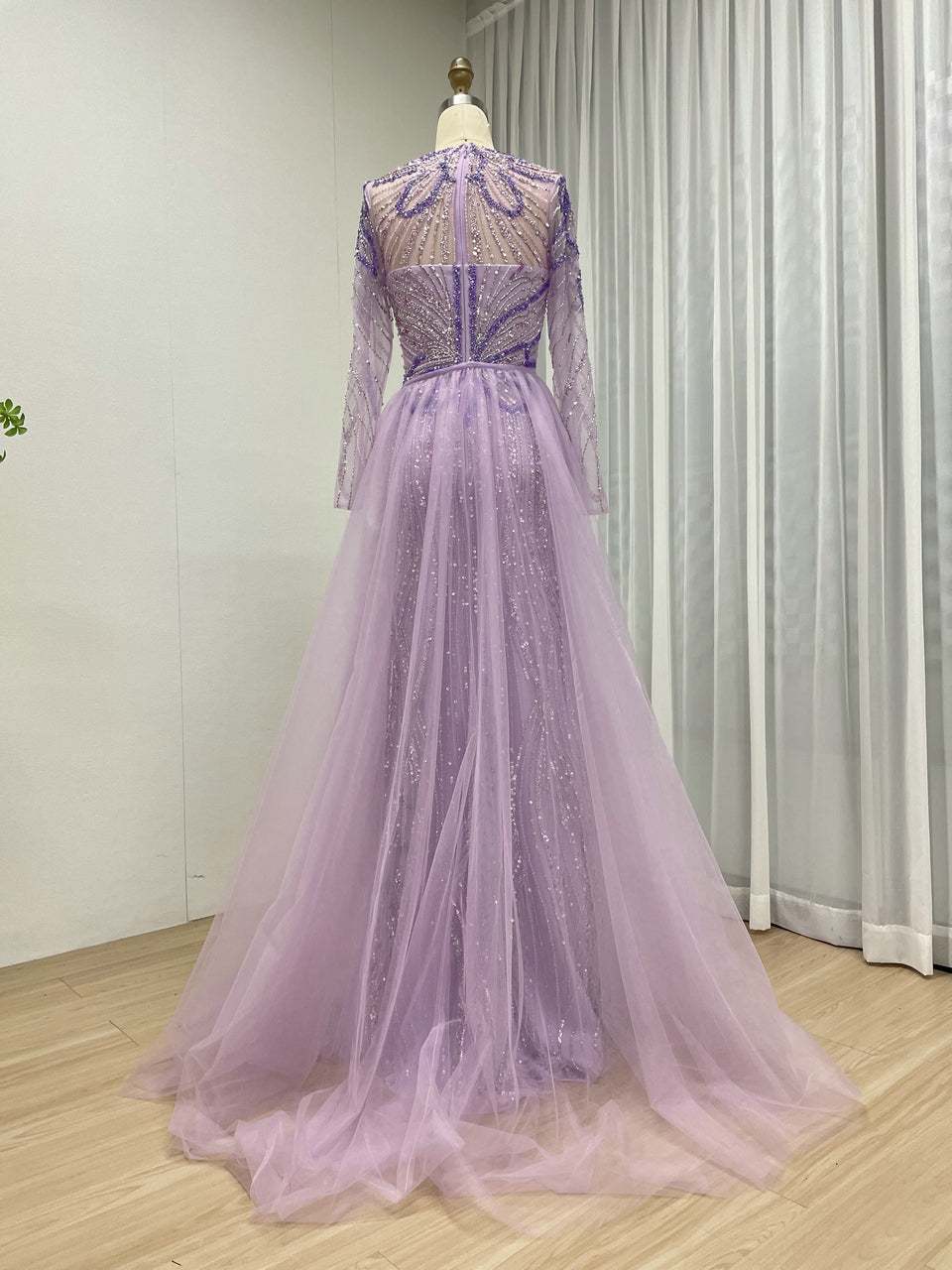 Elegant Wine Red Mermaid Long-Sleeve Formal Dress with High Slit and Train MC20118