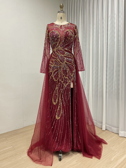Elegant Wine Red Mermaid Long-Sleeve Formal Dress with High Slit and Train MC20118