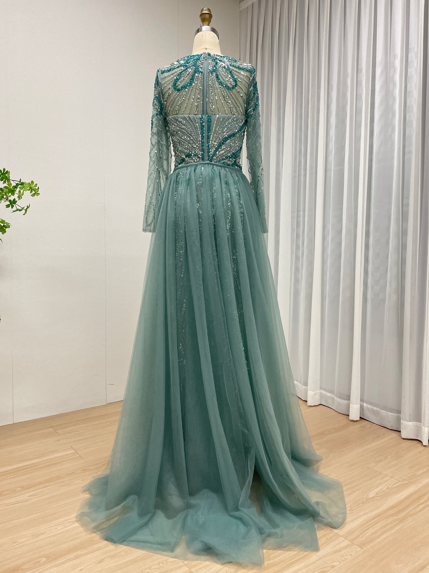 Elegant Wine Red Mermaid Long-Sleeve Formal Dress with High Slit and Train MC20118