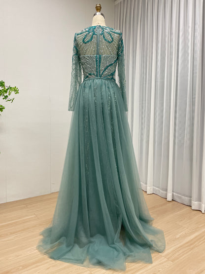 Elegant Wine Red Mermaid Long-Sleeve Formal Dress with High Slit and Train MC20118