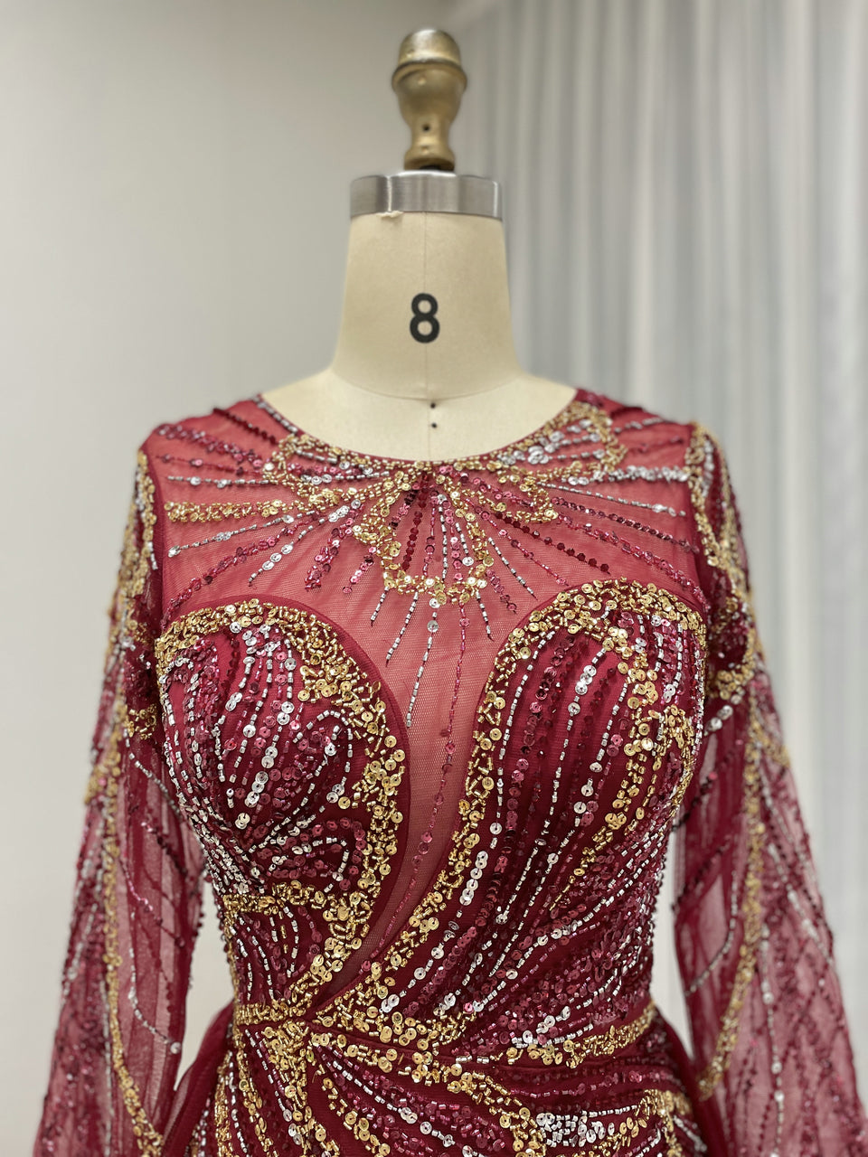 Elegant Wine Red Mermaid Long-Sleeve Formal Dress with High Slit and Train MC20118