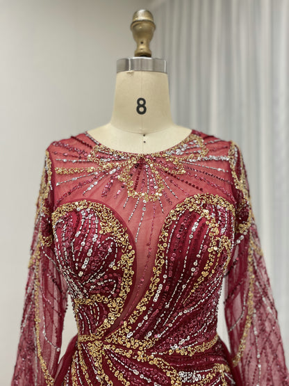 Elegant Wine Red Mermaid Long-Sleeve Formal Dress with High Slit and Train MC20118