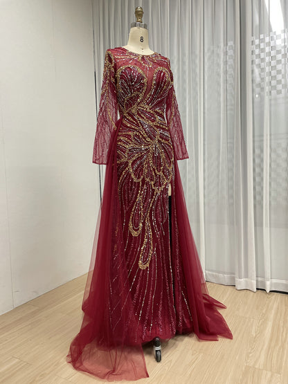 Elegant Wine Red Mermaid Long-Sleeve Formal Dress with High Slit and Train MC20118