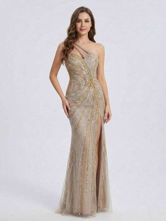 Pink and Gold Beaded One-Shoulder Evening Gown - High Slit Formal Dress MC20119