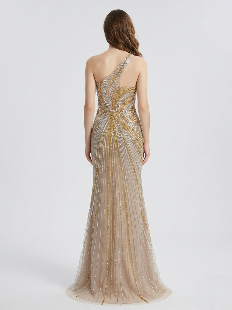 Pink and Gold Beaded One-Shoulder Evening Gown - High Slit Formal Dress MC20119