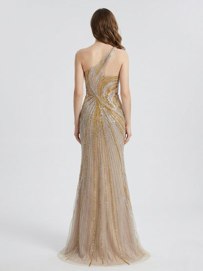Pink and Gold Beaded One-Shoulder Evening Gown - High Slit Formal Dress MC20119