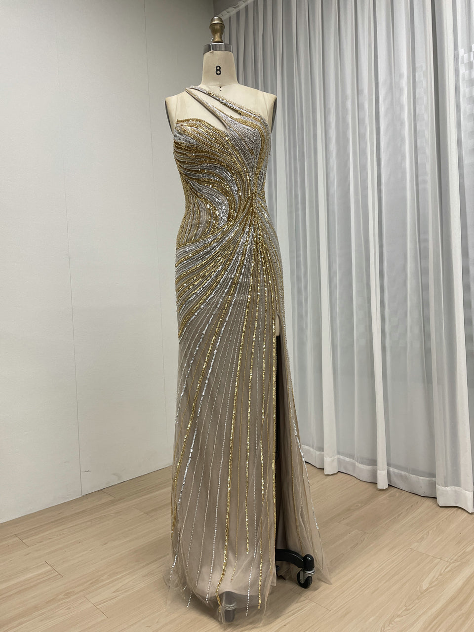 Pink and Gold Beaded One-Shoulder Evening Gown - High Slit Formal Dress MC20119
