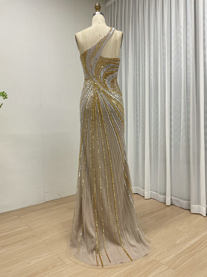 Pink and Gold Beaded One-Shoulder Evening Gown - High Slit Formal Dress MC20119