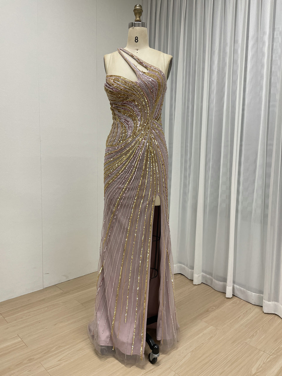 Pink and Gold Beaded One-Shoulder Evening Gown - High Slit Formal Dress MC20119