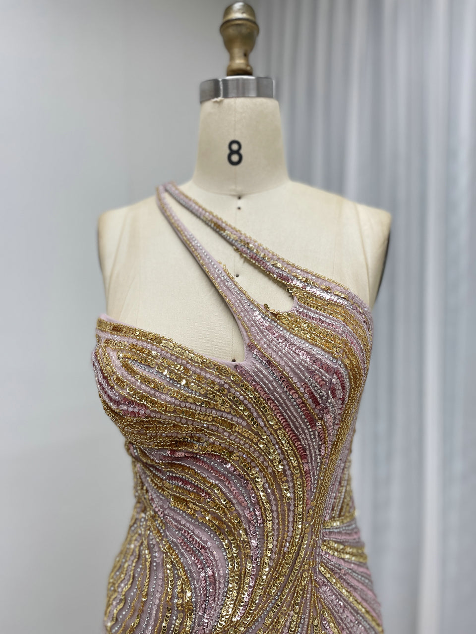 Pink and Gold Beaded One-Shoulder Evening Gown - High Slit Formal Dress MC20119