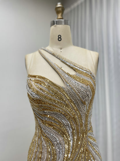 Pink and Gold Beaded One-Shoulder Evening Gown - High Slit Formal Dress MC20119