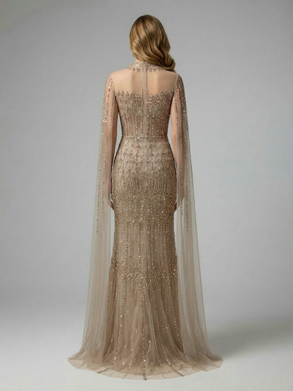 Luxury Champagne Beaded Evening Gown - Art Deco High Neck Cape Sleeve Formal Dress MC20120