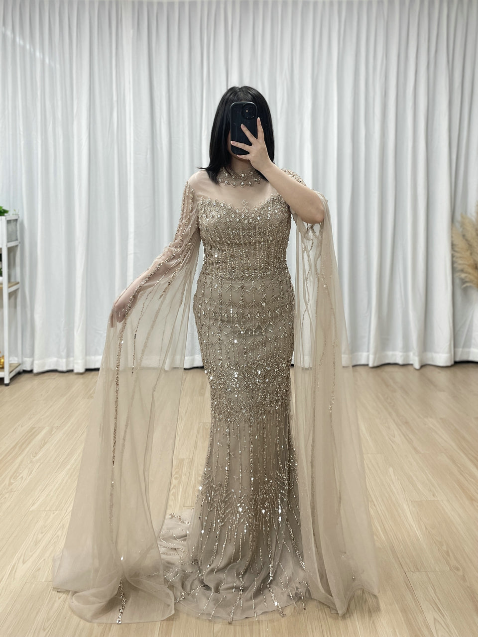 Luxury Champagne Beaded Evening Gown - Art Deco High Neck Cape Sleeve Formal Dress MC20120