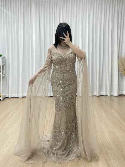 Luxury Champagne Beaded Evening Gown - Art Deco High Neck Cape Sleeve Formal Dress MC20120