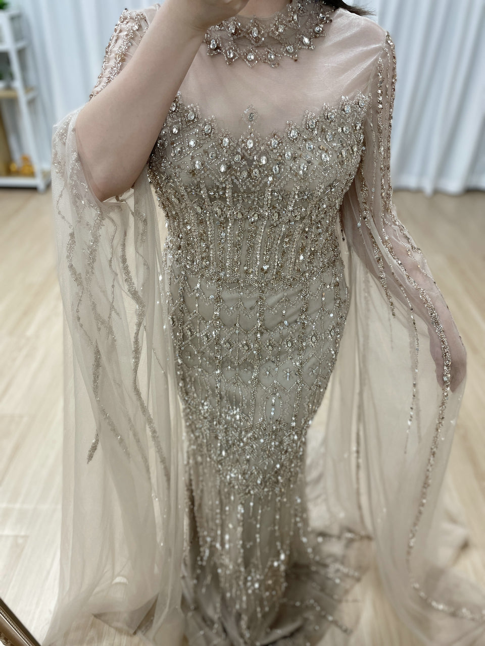 Luxury Champagne Beaded Evening Gown - Art Deco High Neck Cape Sleeve Formal Dress MC20120