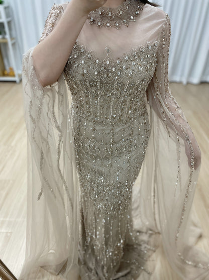 Luxury Champagne Beaded Evening Gown - Art Deco High Neck Cape Sleeve Formal Dress MC20120