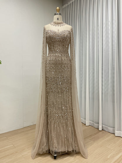 Luxury Champagne Beaded Evening Gown - Art Deco High Neck Cape Sleeve Formal Dress MC20120