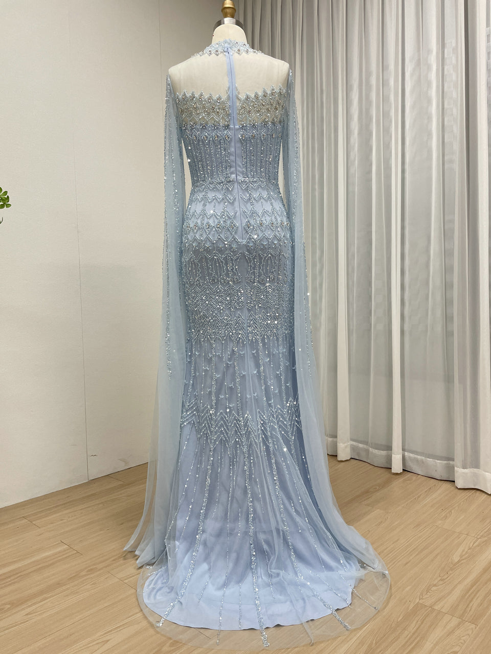 Luxury Champagne Beaded Evening Gown - Art Deco High Neck Cape Sleeve Formal Dress MC20120