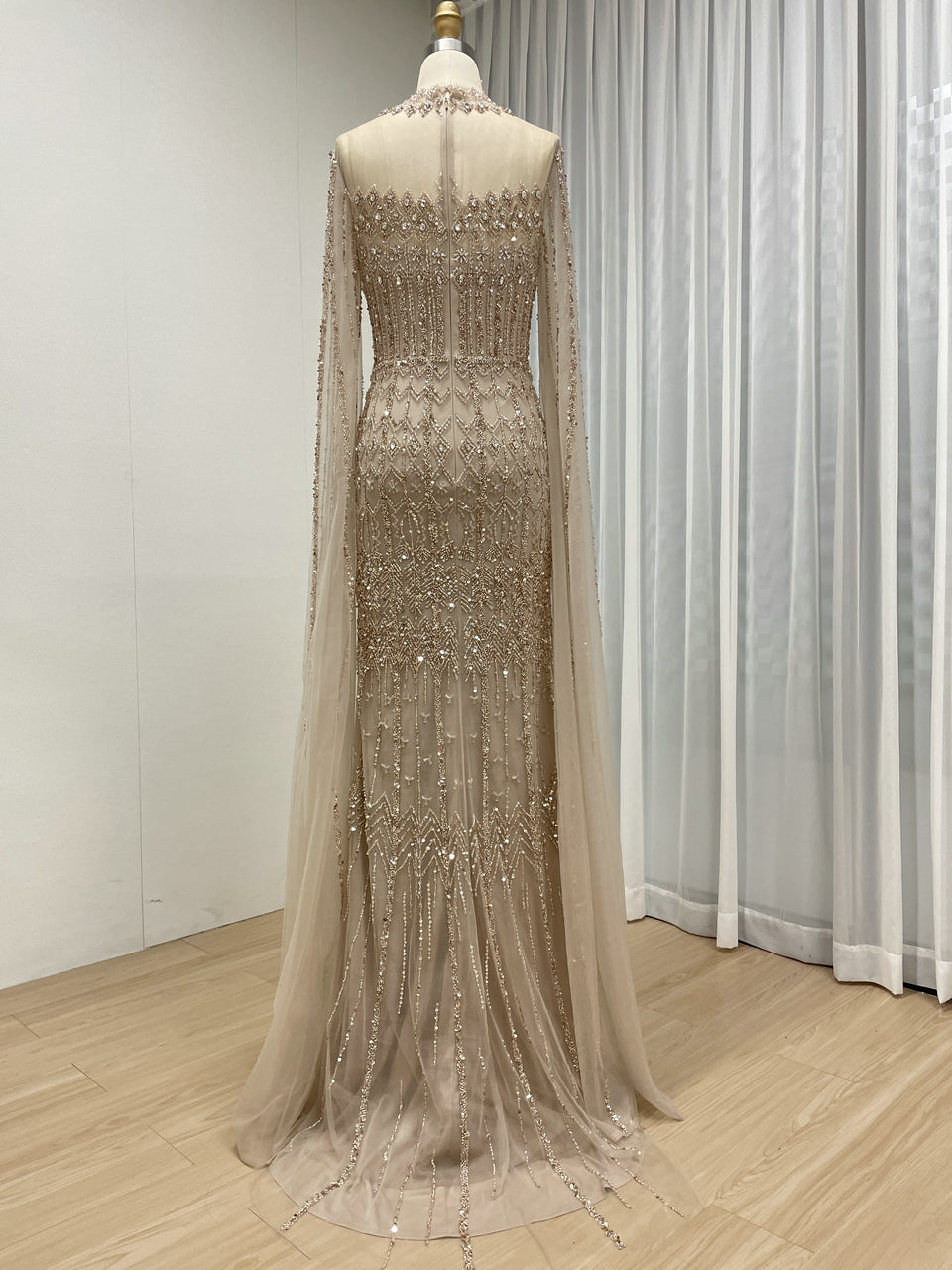 Luxury Champagne Beaded Evening Gown - Art Deco High Neck Cape Sleeve Formal Dress MC20120