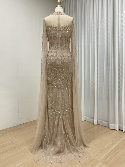 Luxury Champagne Beaded Evening Gown - Art Deco High Neck Cape Sleeve Formal Dress MC20120