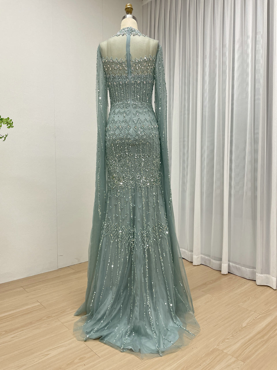Luxury Champagne Beaded Evening Gown - Art Deco High Neck Cape Sleeve Formal Dress MC20120