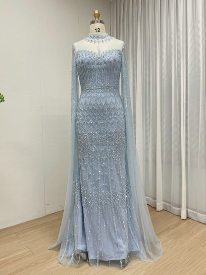 Luxury Champagne Beaded Evening Gown - Art Deco High Neck Cape Sleeve Formal Dress MC20120
