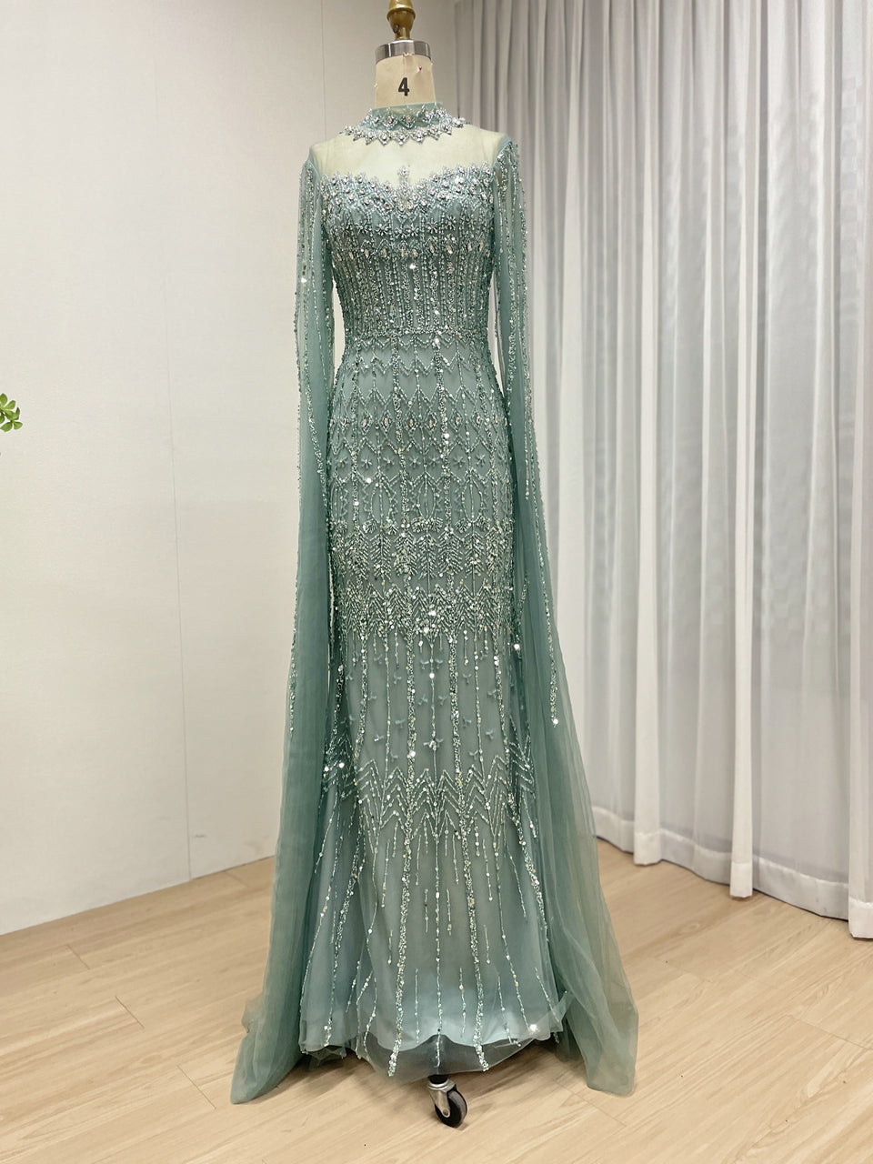Luxury Champagne Beaded Evening Gown - Art Deco High Neck Cape Sleeve Formal Dress MC20120