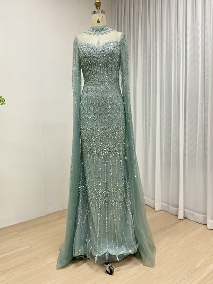 Luxury Champagne Beaded Evening Gown - Art Deco High Neck Cape Sleeve Formal Dress MC20120