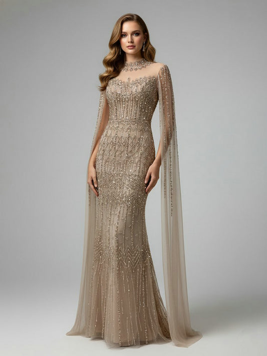 Luxury Champagne Beaded Evening Gown - Art Deco High Neck Cape Sleeve Formal Dress MC20120