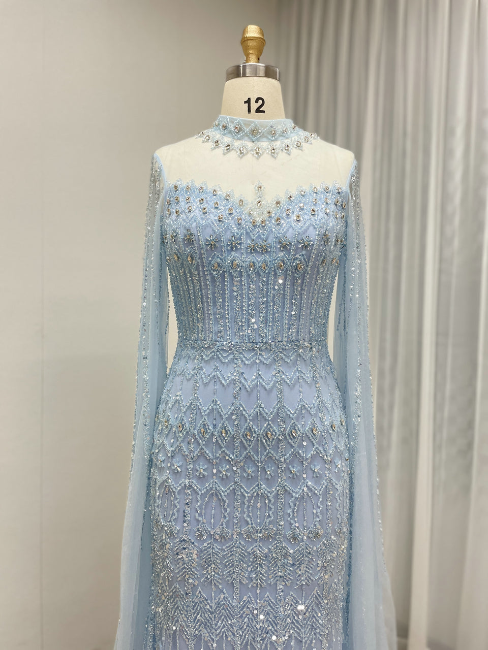 Luxury Champagne Beaded Evening Gown - Art Deco High Neck Cape Sleeve Formal Dress MC20120