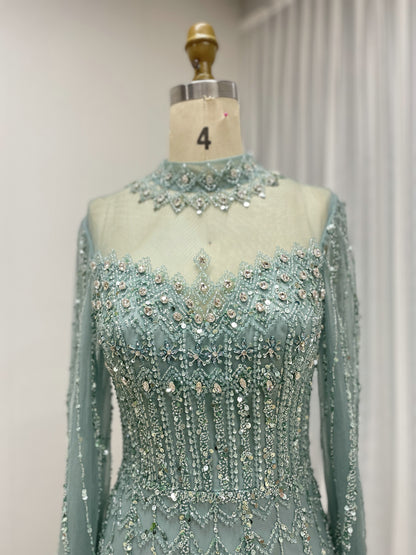 Luxury Champagne Beaded Evening Gown - Art Deco High Neck Cape Sleeve Formal Dress MC20120