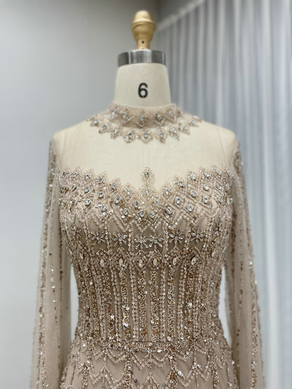 Luxury Champagne Beaded Evening Gown - Art Deco High Neck Cape Sleeve Formal Dress MC20120