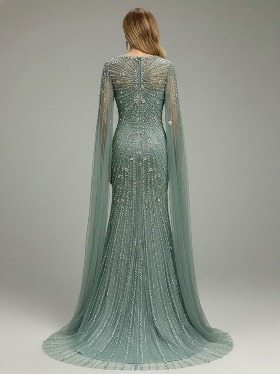 Sage Green Beaded Evening Gown with Sheer Cape Sleeves Formal Gala Dress MC20121