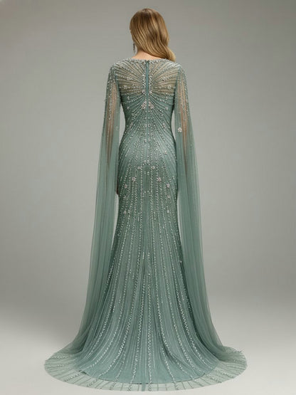 Sage Green Beaded Evening Gown with Sheer Cape Sleeves Formal Gala Dress MC20121