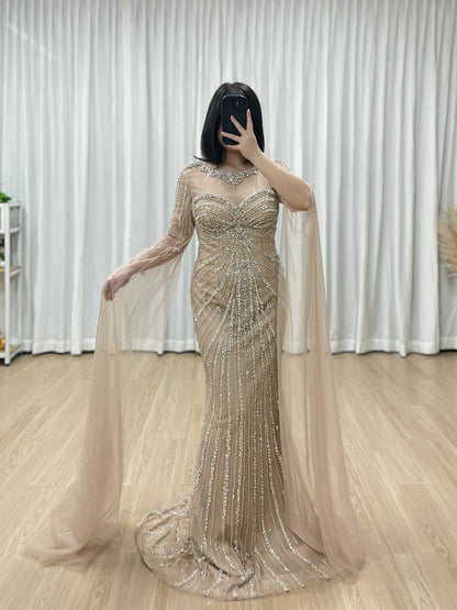 Sage Green Beaded Evening Gown with Sheer Cape Sleeves Formal Gala Dress MC20121