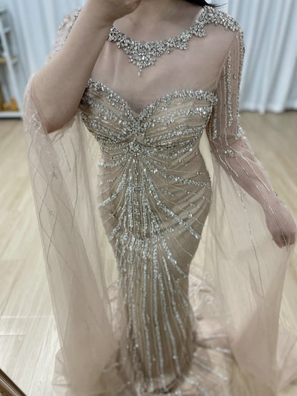 Sage Green Beaded Evening Gown with Sheer Cape Sleeves Formal Gala Dress MC20121