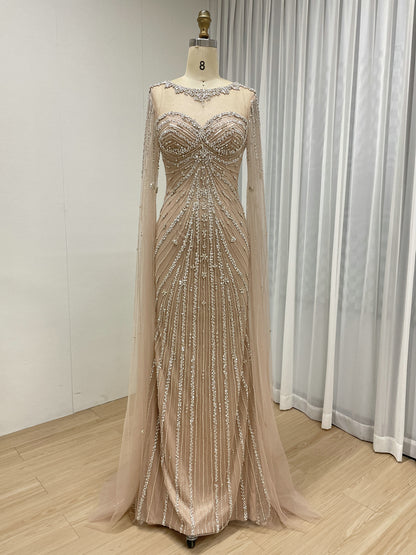 Sage Green Beaded Evening Gown with Sheer Cape Sleeves Formal Gala Dress MC20121