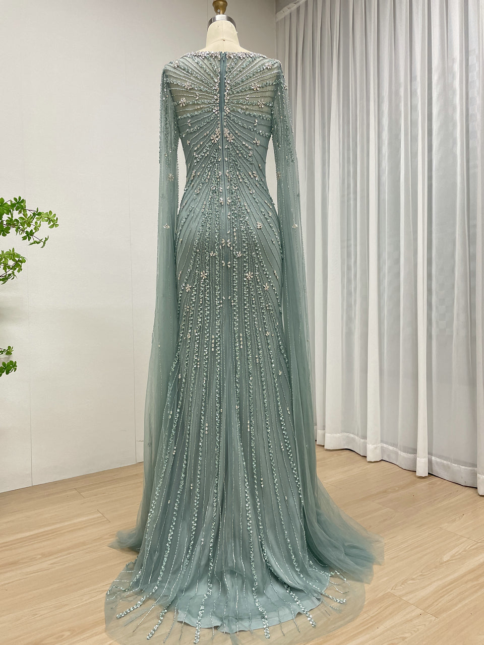 Sage Green Beaded Evening Gown with Sheer Cape Sleeves Formal Gala Dress MC20121