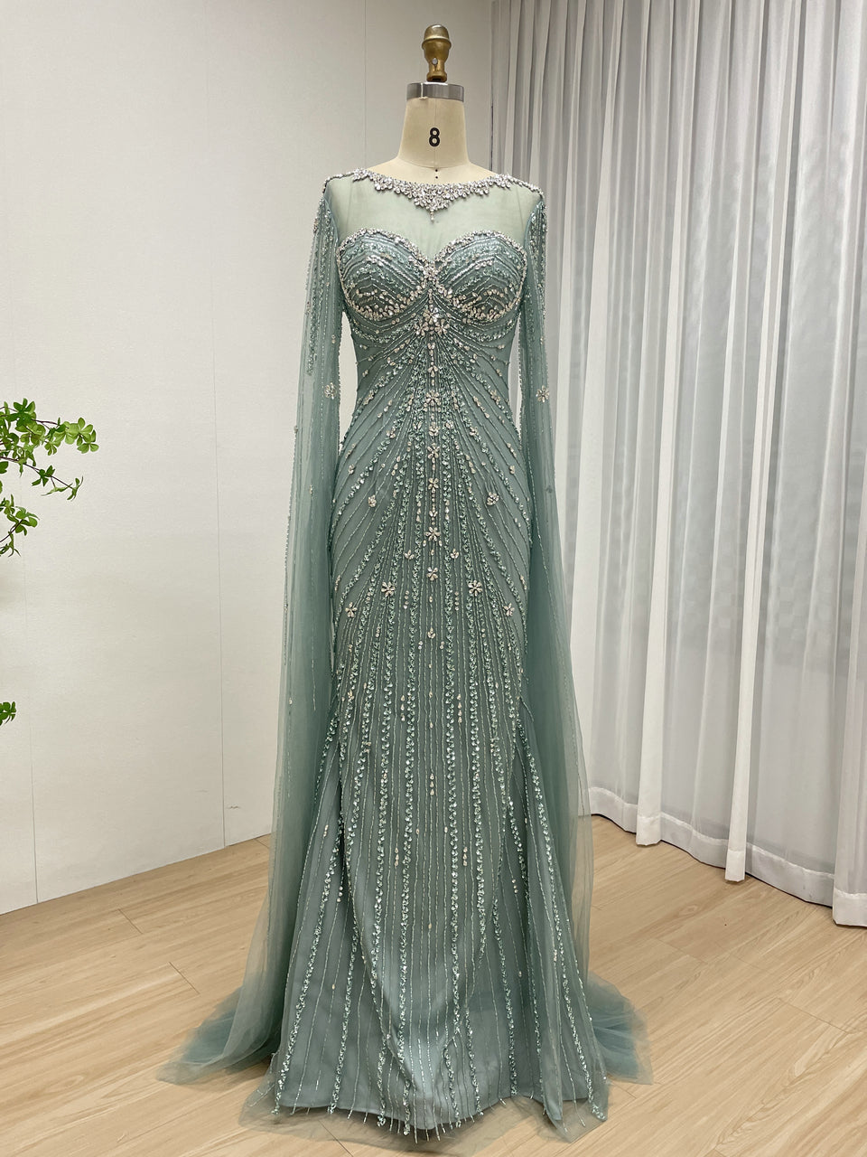 Sage Green Beaded Evening Gown with Sheer Cape Sleeves Formal Gala Dress MC20121