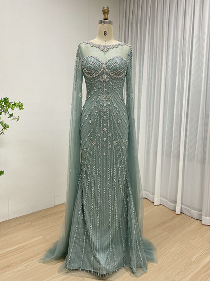 Sage Green Beaded Evening Gown with Sheer Cape Sleeves Formal Gala Dress MC20121