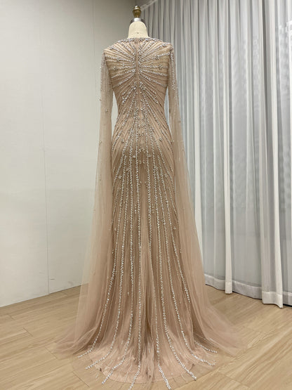 Sage Green Beaded Evening Gown with Sheer Cape Sleeves Formal Gala Dress MC20121