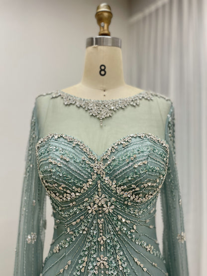 Sage Green Beaded Evening Gown with Sheer Cape Sleeves Formal Gala Dress MC20121