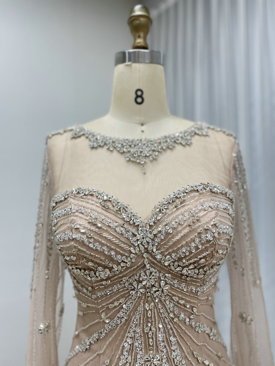 Sage Green Beaded Evening Gown with Sheer Cape Sleeves Formal Gala Dress MC20121