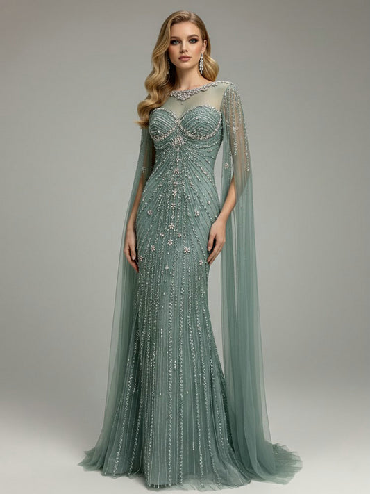 Sage Green Beaded Evening Gown with Sheer Cape Sleeves Formal Gala Dress MC20121